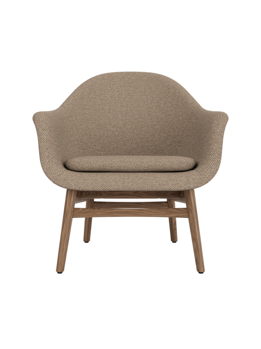 Harbour Lounge Chair in textured Logan Flint fabric with a solid walnut frame and minimalist, curved design.