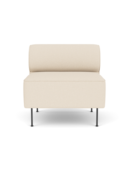 A front view of the Eave Dining Sofa open section module in cream Logan Jasmine fabric on slender black legs.
