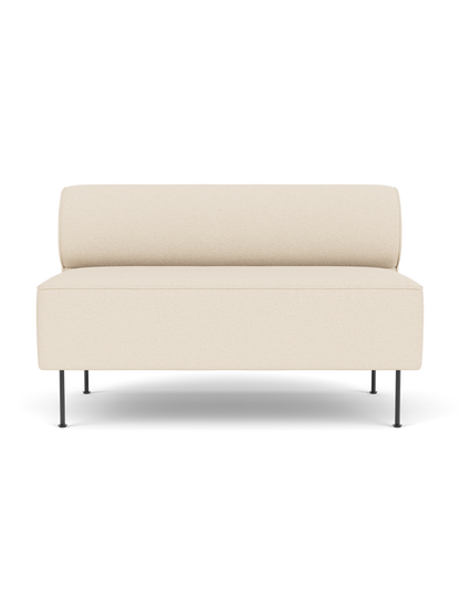 Front view of the Eave Dining Sofa in off-white Logan Jasmine fabric, with a rounded backrest and slender, dark metal legs.