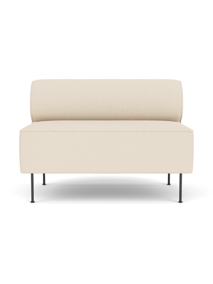 Front view of the Eave Dining Sofa in cream-coloured Logan Jasmine upholstery, with slender black metal legs.