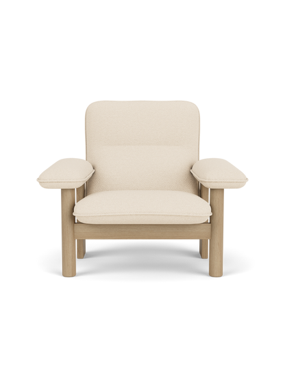 Front view of the Brasilia Lounge Chair with a high back, natural oak frame, and off-white Logan Jasmine textile upholstery.