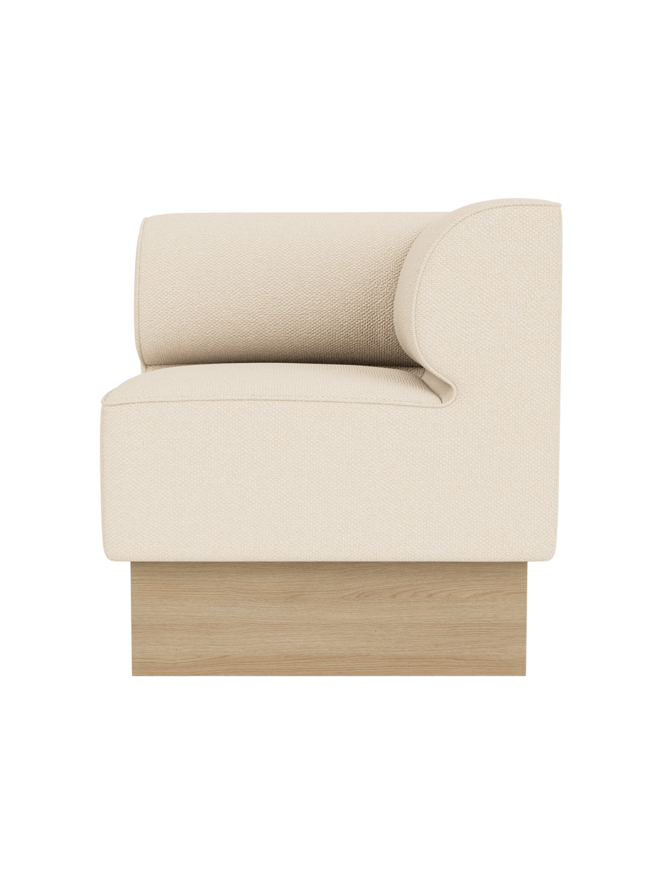 Eave Dining Sofa, Plateau in Logan Jasmine upholstery with a natural oak base, shown from a side angle.