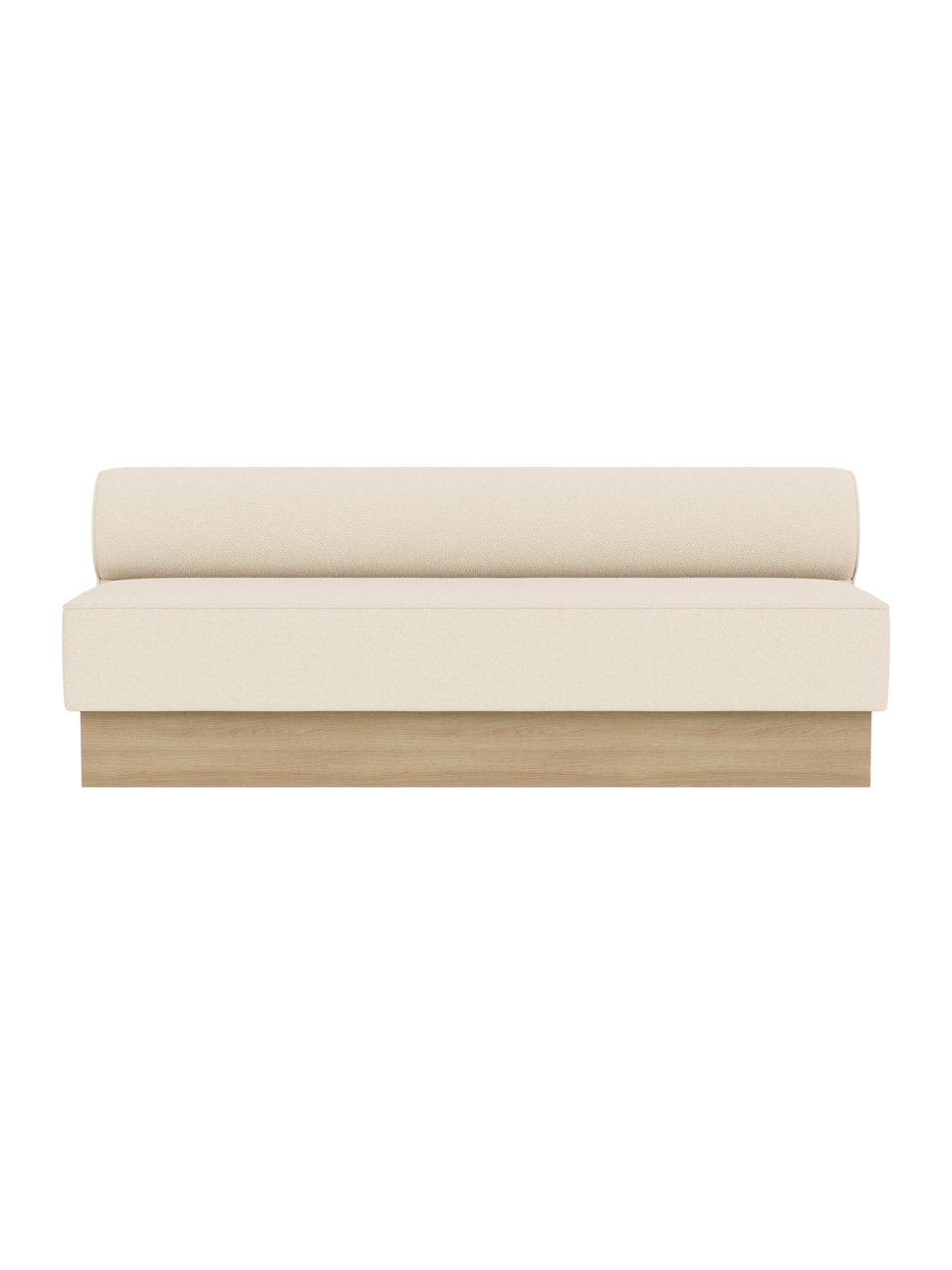 Eave Dining Sofa, Plateau in Logan Jasmine upholstery with a natural oak base, shown from the front on a plain background.