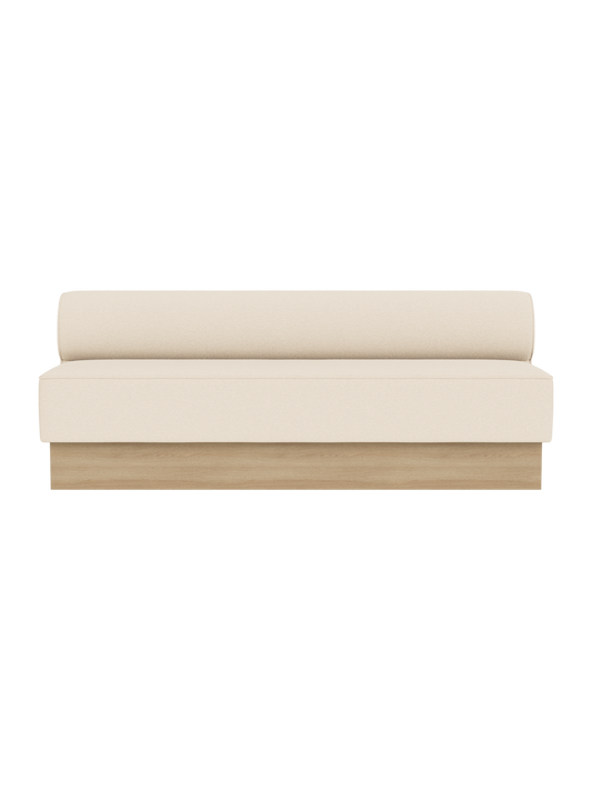 Eave Dining Sofa, Plateau in Logan Jasmine upholstery with a natural oak base, shown from the front on a plain background.