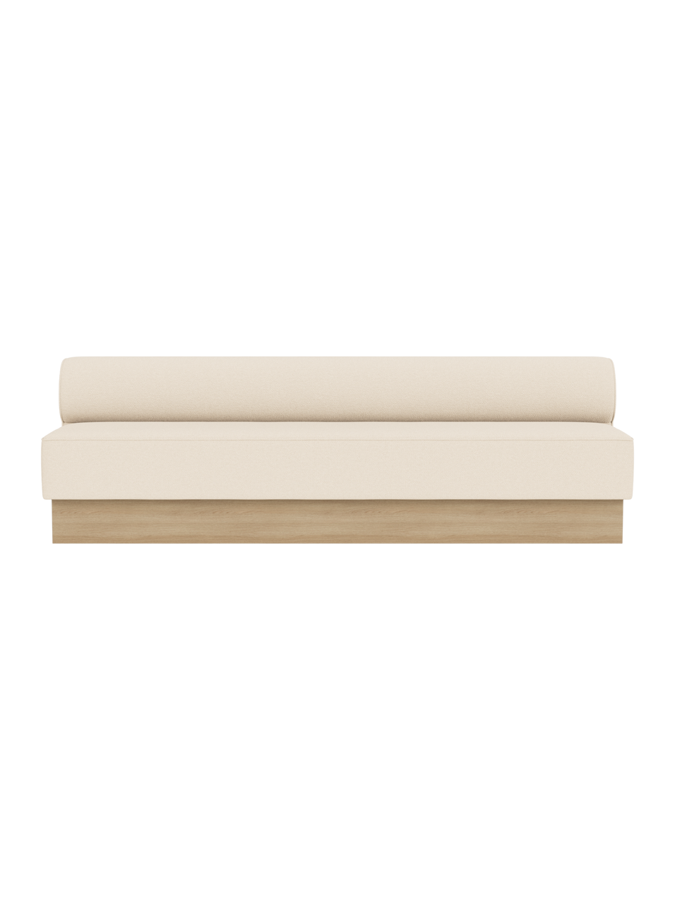 Eave Dining Sofa, Plateau in Logan Jasmine upholstery with a natural oak base, shown from a straight-on front angle.
