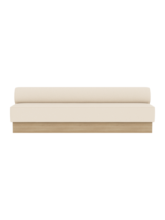 Eave Dining Sofa, Plateau in Logan Jasmine upholstery with a natural oak base, shown from a straight-on front angle.