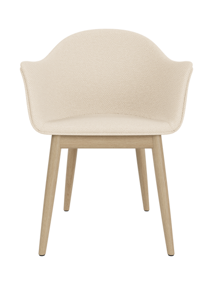 Harbour Dining Chair with textured Logan Jasmine upholstery and a natural oak wooden base, viewed from the front.