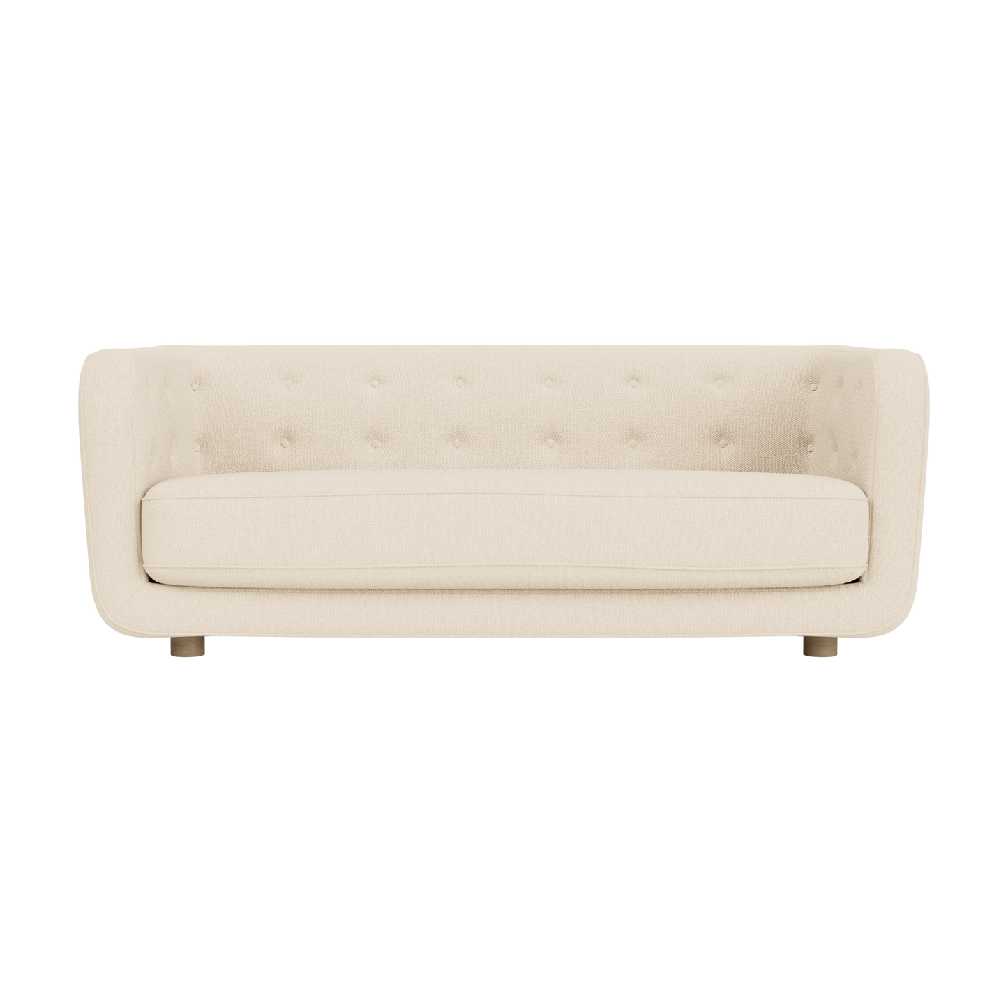 Vilhelm Sofa in Logan Jasmine fabric with natural oak legs, featuring a buttoned back and curved three-seater design.