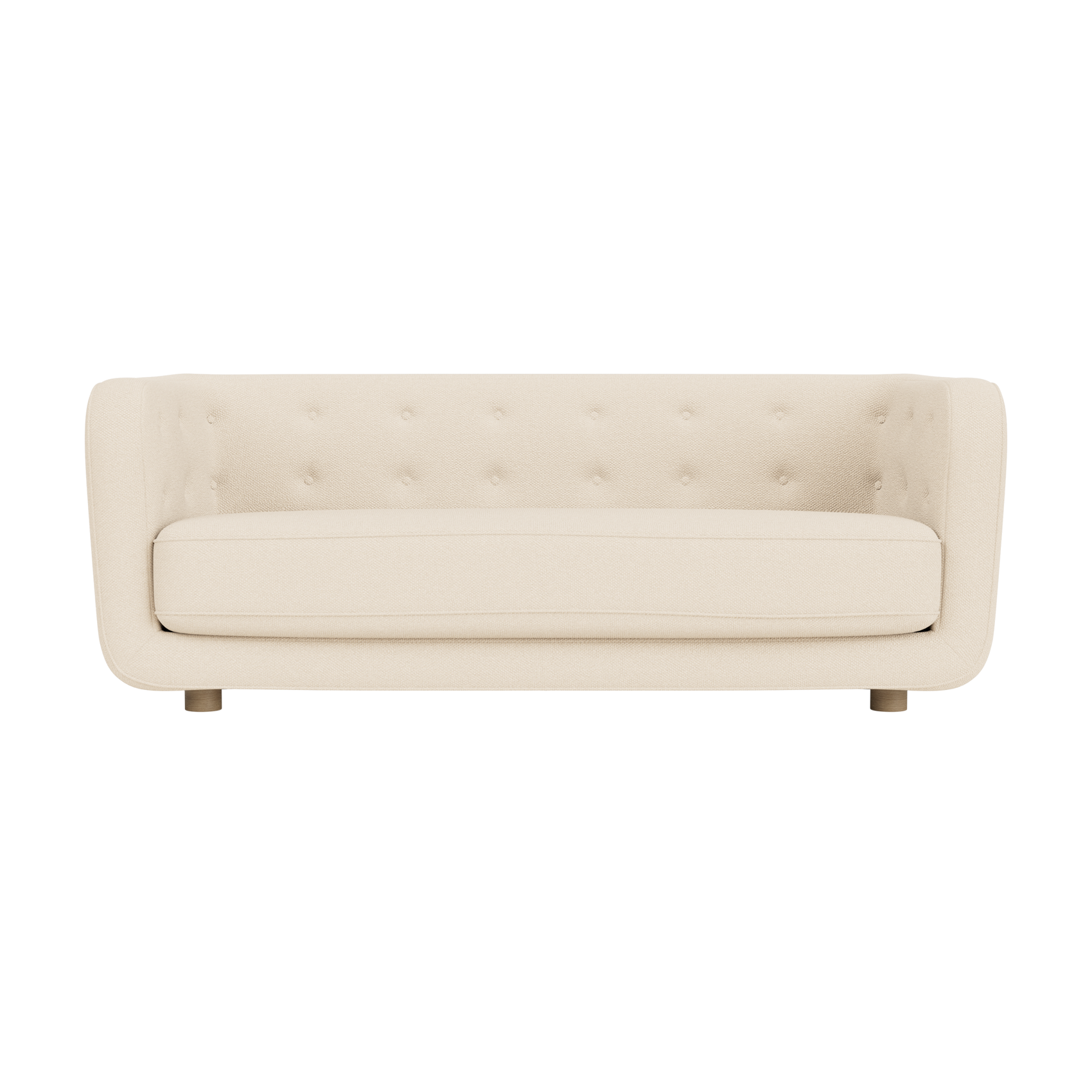 Vilhelm Sofa in Logan Jasmine fabric with natural oak legs, featuring a buttoned back and curved three-seater design.