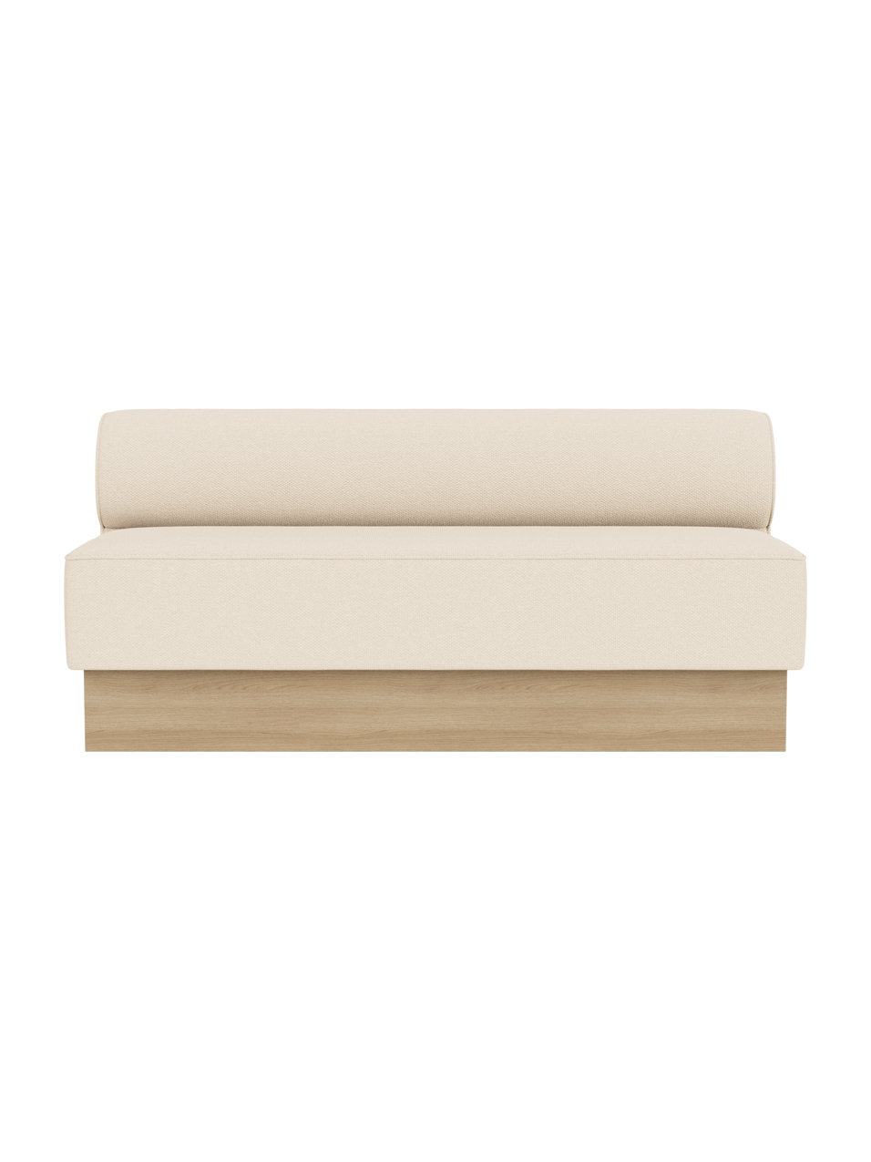 Eave Dining Sofa in Logan Jasmine upholstery with a natural oak base, shown from a front angle against a black background.