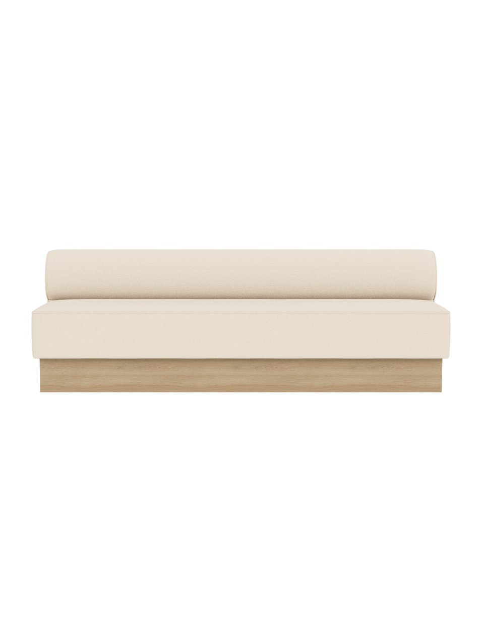 The Eave Dining Sofa, Plateau in Logan Jasmine upholstery with a natural oak base, shown from the front.