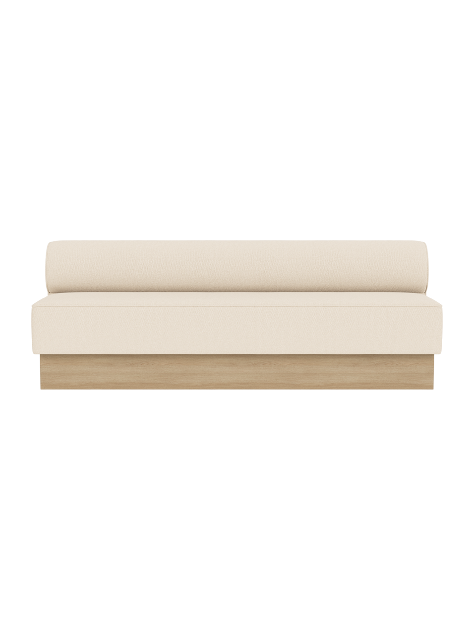 The Eave Dining Sofa, Plateau upholstered in Logan Jasmine fabric with a natural oak base, viewed from the front.