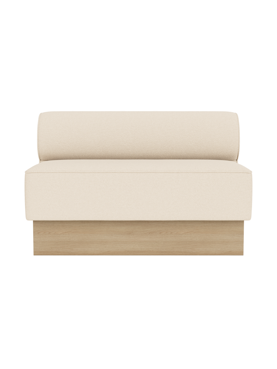 Eave Dining Sofa, Plateau in Logan Jasmine upholstery with a natural oak base, shown from the front.