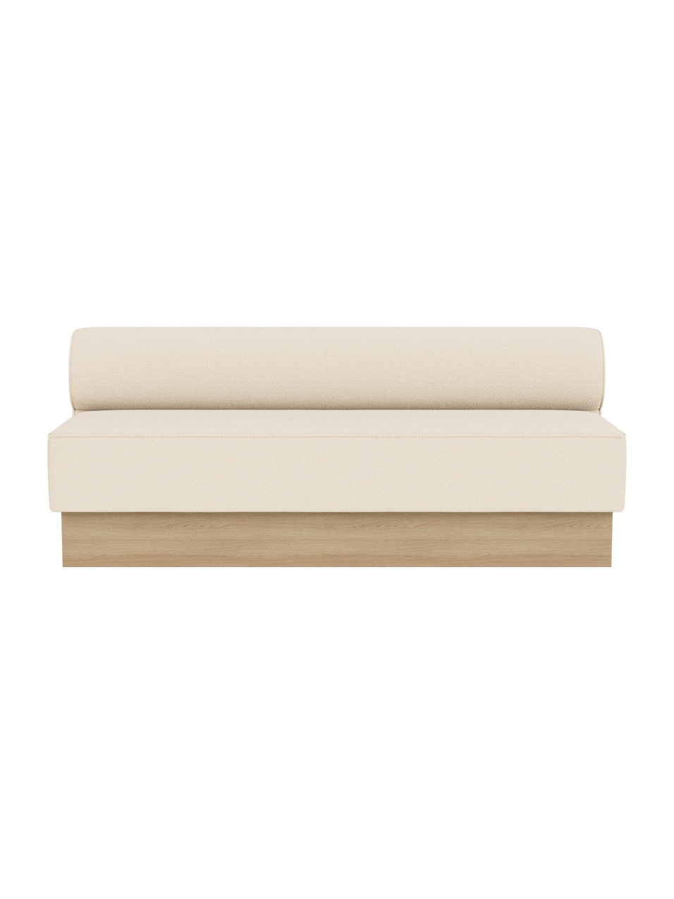 Eave Dining Sofa, Plateau in Logan Jasmine upholstery with a natural oak base, shown from the front.