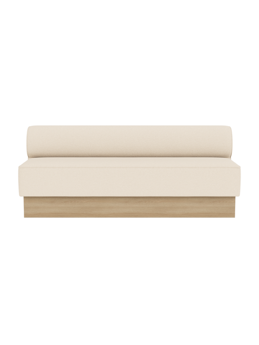 Eave Dining Sofa, Plateau in Logan Jasmine upholstery with a natural oak base, shown from the front.