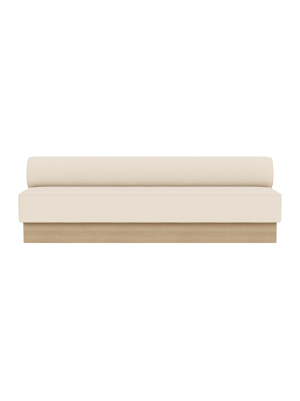 Eave Dining Sofa, Plateau in Logan Jasmine upholstery with a natural oak base, shown from a front angle.