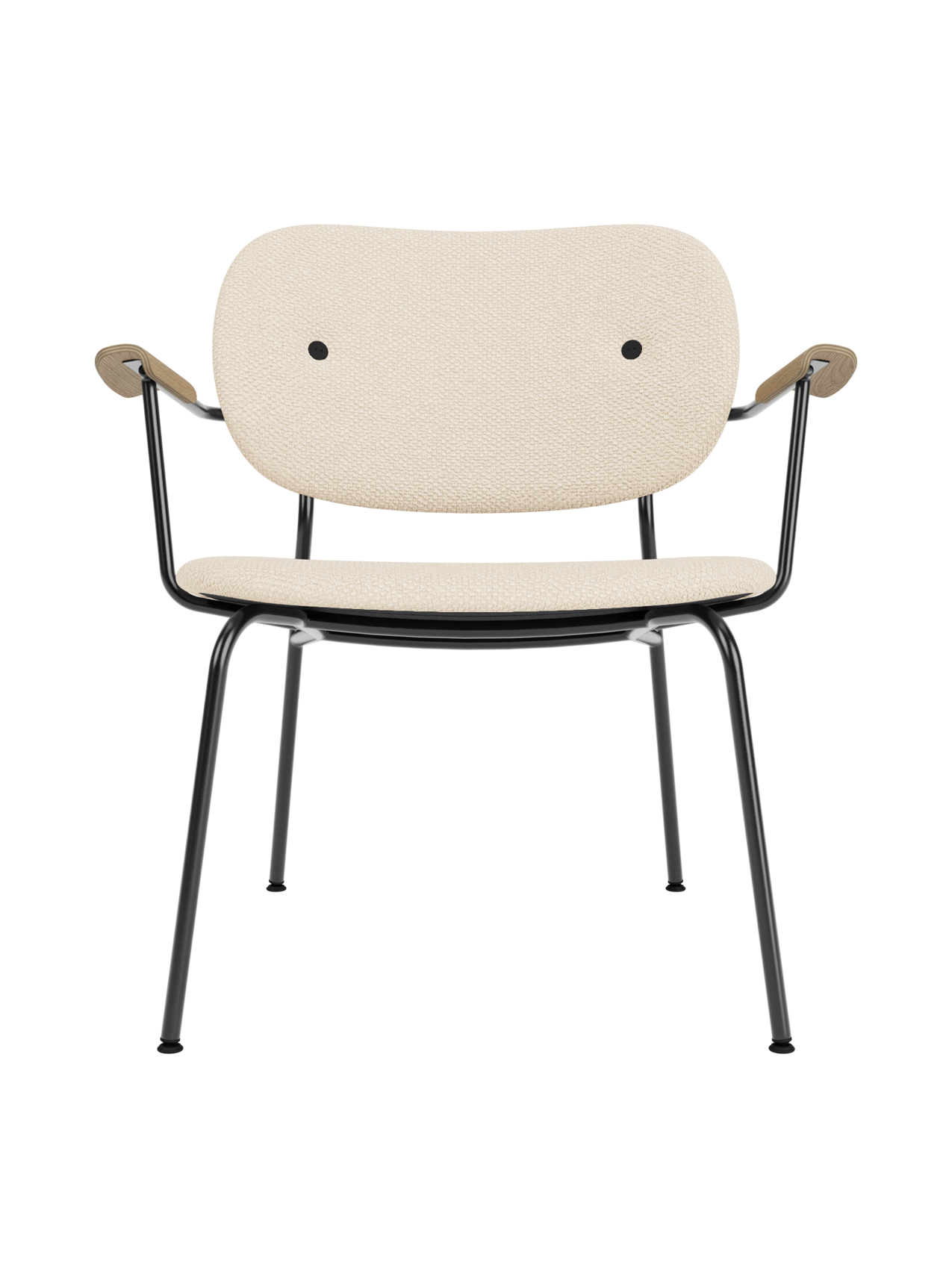 Fully upholstered Co Lounge Chair in Logan Jasmine fabric with natural oak armrests and a slender black steel frame.