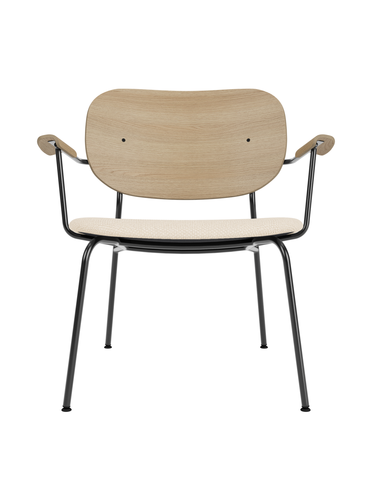 Co Lounge Chair with natural oak veneer backrest, Logan Jasmine upholstered seat, and a slim black steel frame.