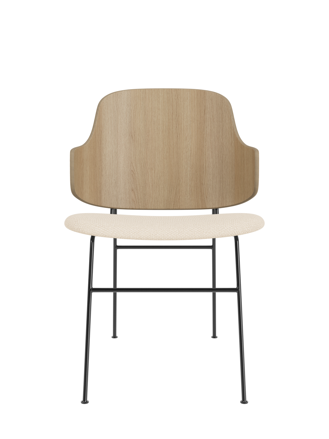 The Penguin Dining Chair with a natural oak back and Logan Jasmine upholstered seat on a slender black steel frame.