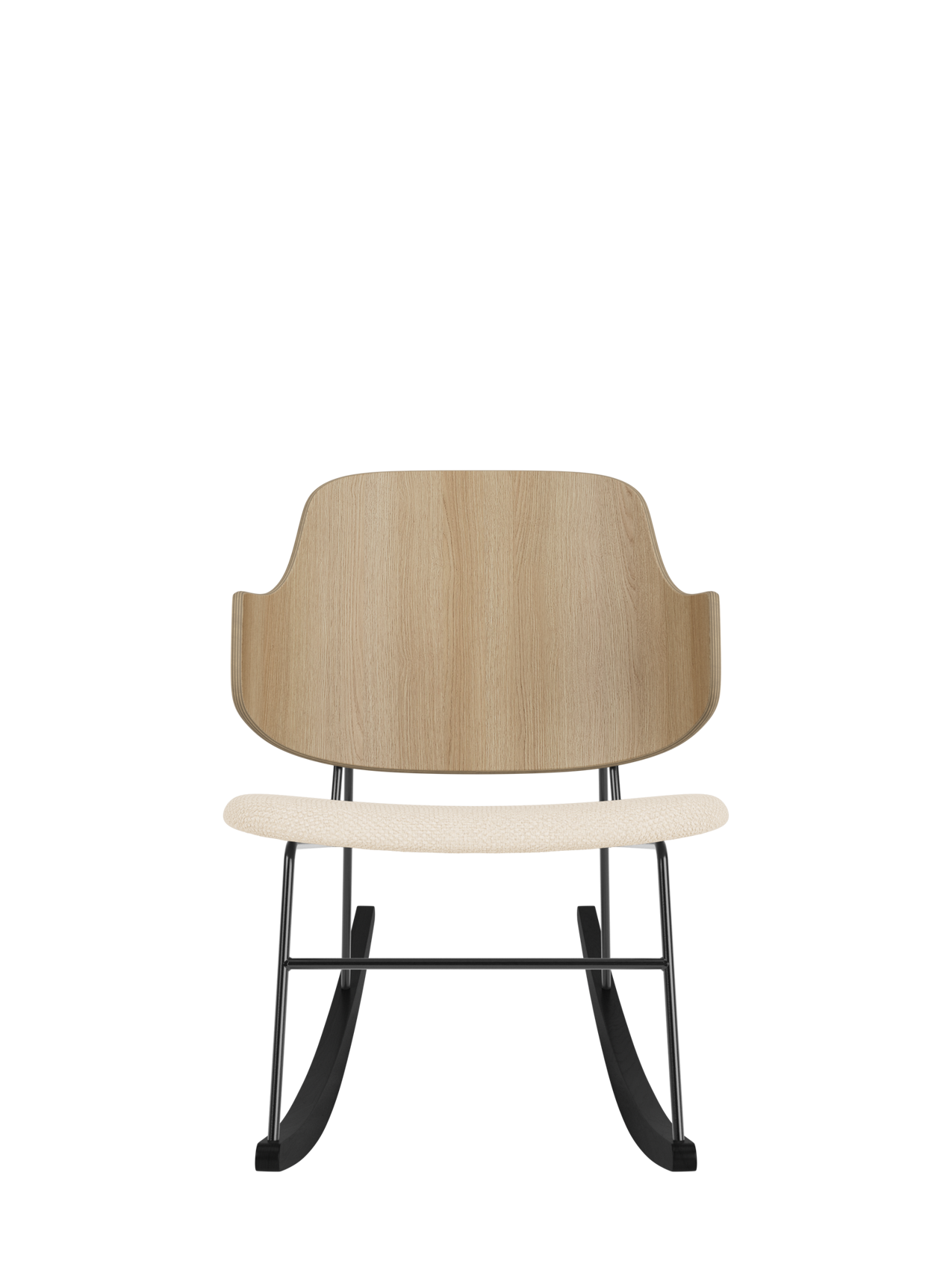The Penguin Rocking Chair with a natural oak backrest, Logan Jasmine upholstered seat, and black steel frame.