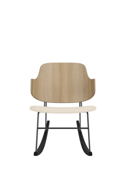 The Penguin Rocking Chair with a natural oak backrest, Logan Jasmine upholstered seat, and black steel frame.