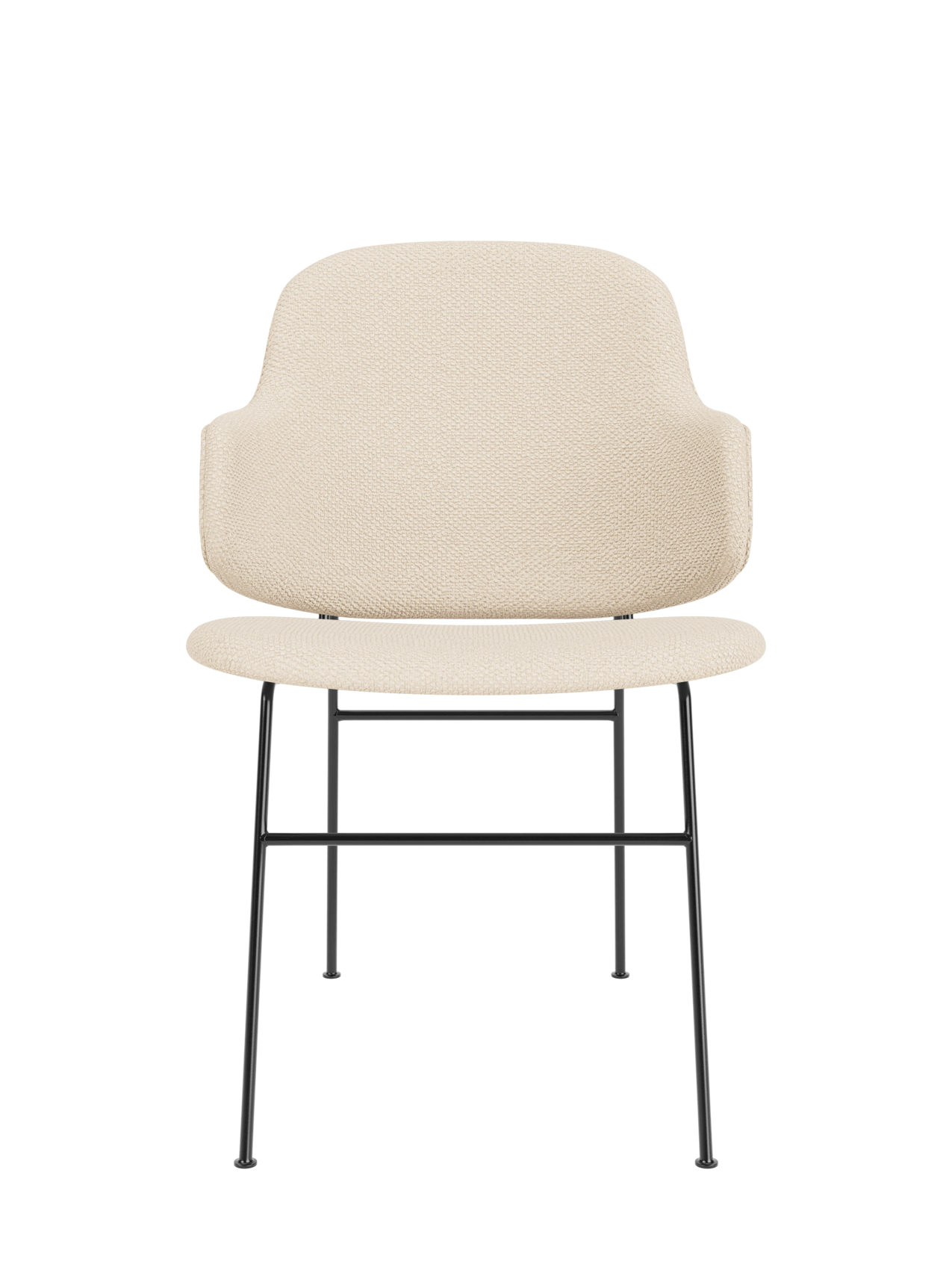 The Penguin Dining Chair in Logan Jasmine upholstery with a curved back and slender black powder-coated steel legs.
