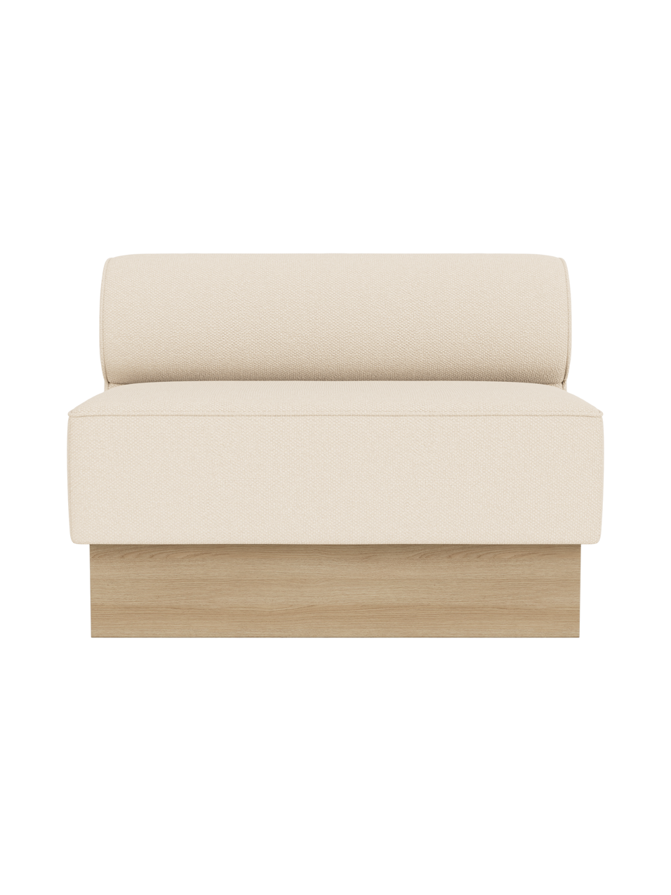 The Eave Dining Sofa, Plateau upholstered in Logan Jasmine fabric with a natural oak base, shown from a front view.