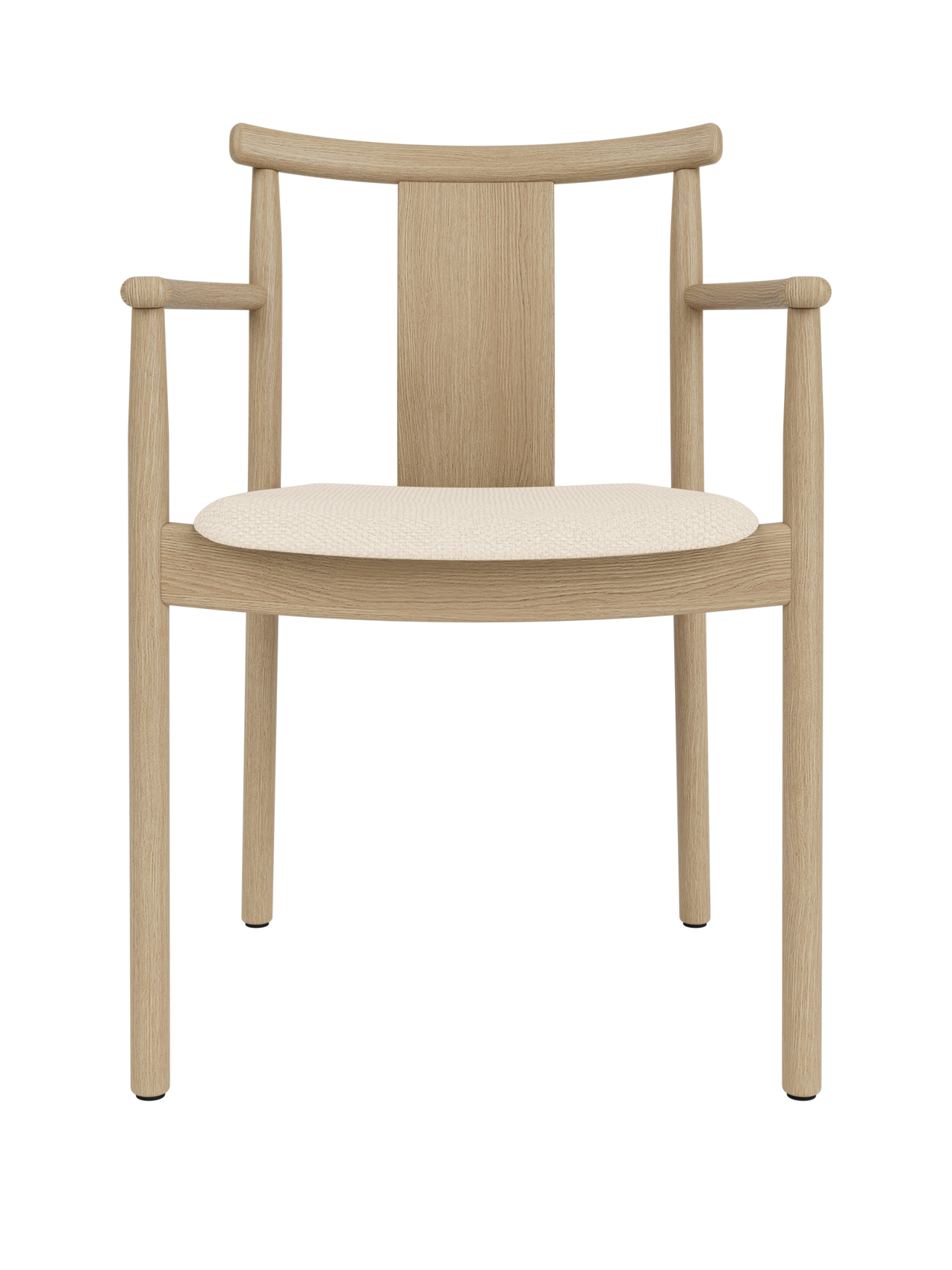 Merkur Dining Chair with Armrests in natural oak wood featuring a light Logan Jasmine upholstered seat.