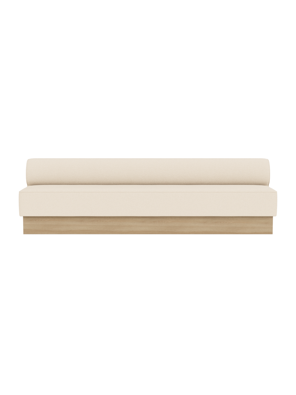 Eave Dining Sofa, Plateau in Logan Jasmine upholstery with a natural oak base, shown from the front.