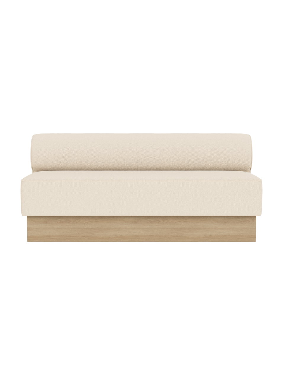 Eave Dining Sofa, Plateau upholstered in Logan Jasmine fabric with a natural oak base, shown from a front angle.
