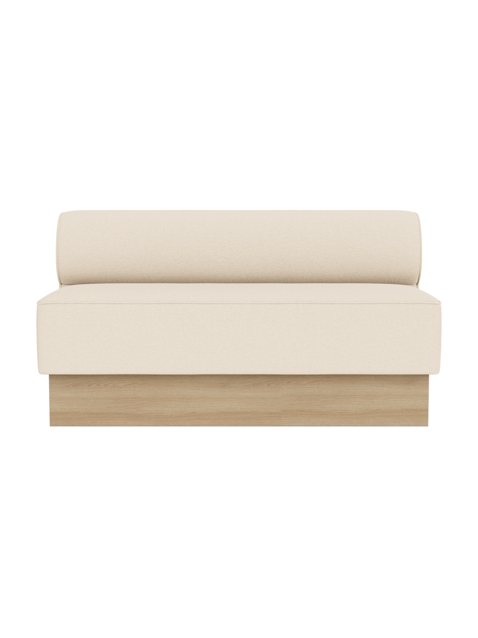 Eave Dining Sofa, Plateau in Logan Jasmine upholstery with natural oak, shown from a front view against a black background.