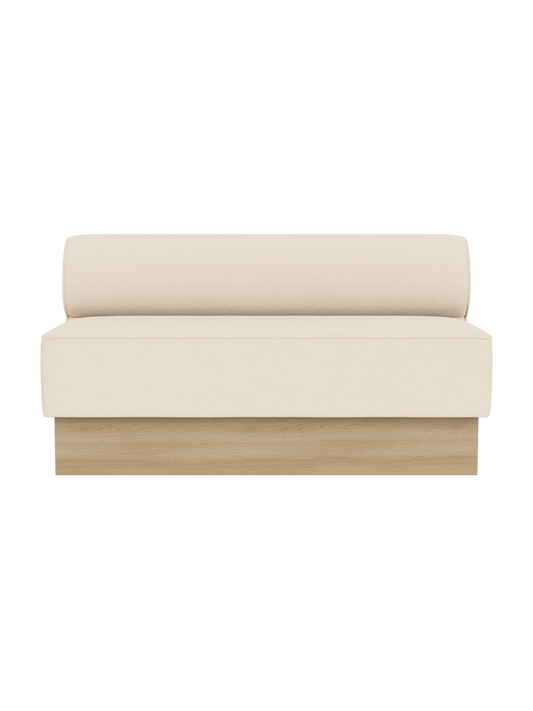 Eave Dining Sofa, Plateau in Logan Jasmine upholstery with natural oak, shown from a front view against a black background.
