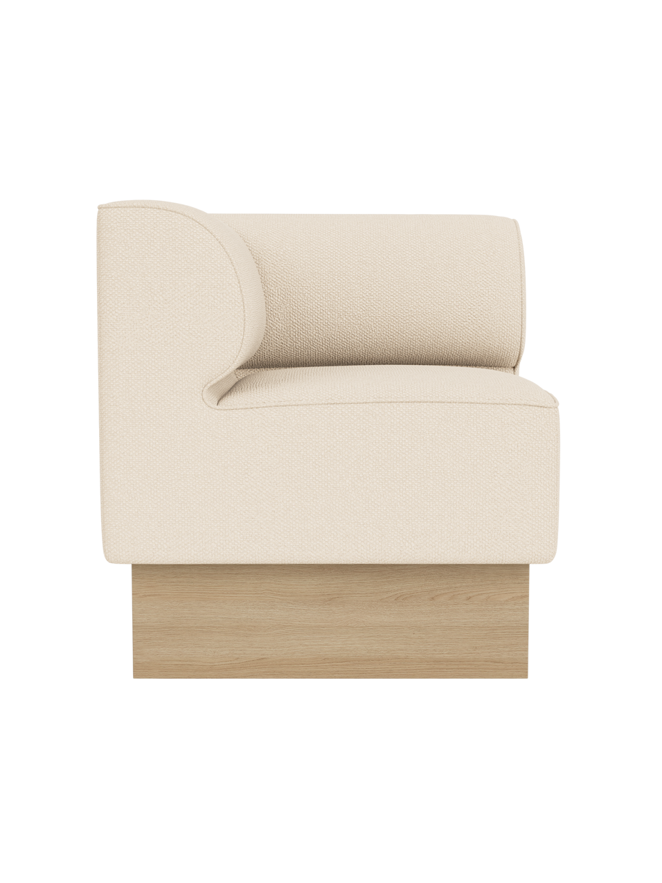 The Eave Dining Sofa, Plateau module in Logan Jasmine upholstery with a natural oak base, viewed from the side.