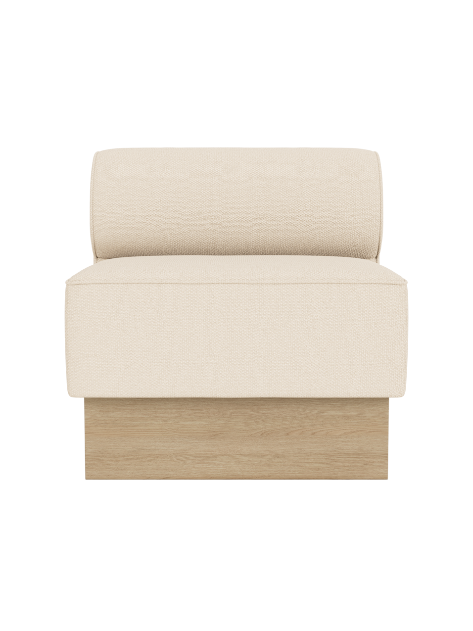 Eave Dining Sofa, Plateau in Logan Jasmine upholstery featuring a natural oak base, shown from a front angle.