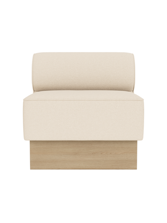 Eave Dining Sofa, Plateau in Logan Jasmine upholstery featuring a natural oak base, shown from a front angle.