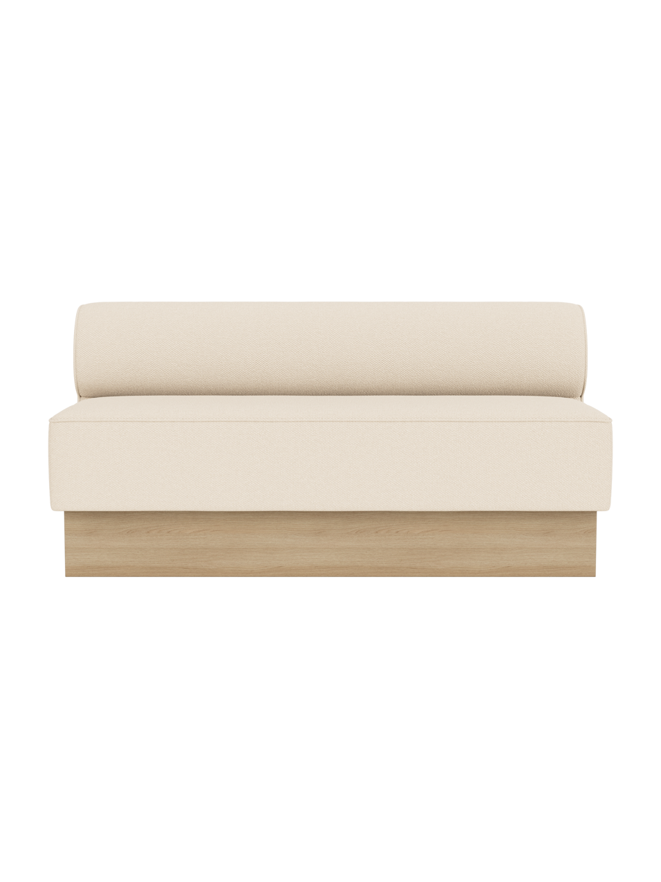 Eave Dining Sofa, Plateau in Logan Jasmine upholstery with a natural oak base, shown from the front.