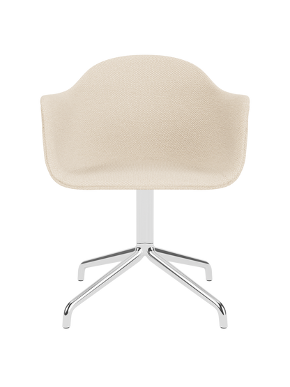 Harbour Dining Chair in textured Logan Jasmine upholstery with a polished aluminium star base on a white background.
