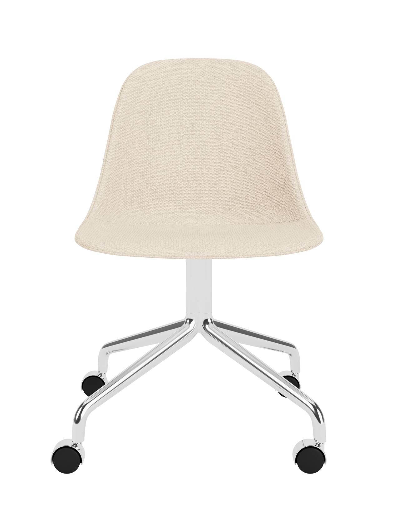 Harbour Side Dining Chair in Logan Jasmine fabric with a polished aluminium star base and black swivel casters.