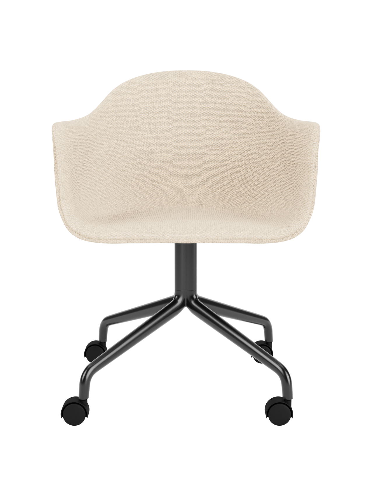 Harbour Dining Chair featuring Logan Jasmine upholstery and a black powder-coated star base with casters.