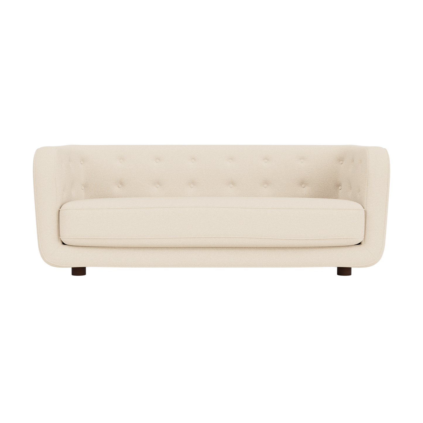 Vilhelm Sofa in Logan Jasmine cream fabric with a button-detailed back and dark smoked oak legs, front-facing view.