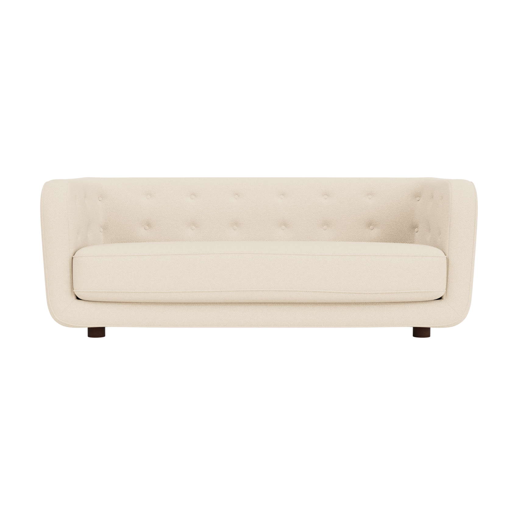 Vilhelm Sofa in Logan Jasmine cream fabric with a button-detailed back and dark smoked oak legs, front-facing view.