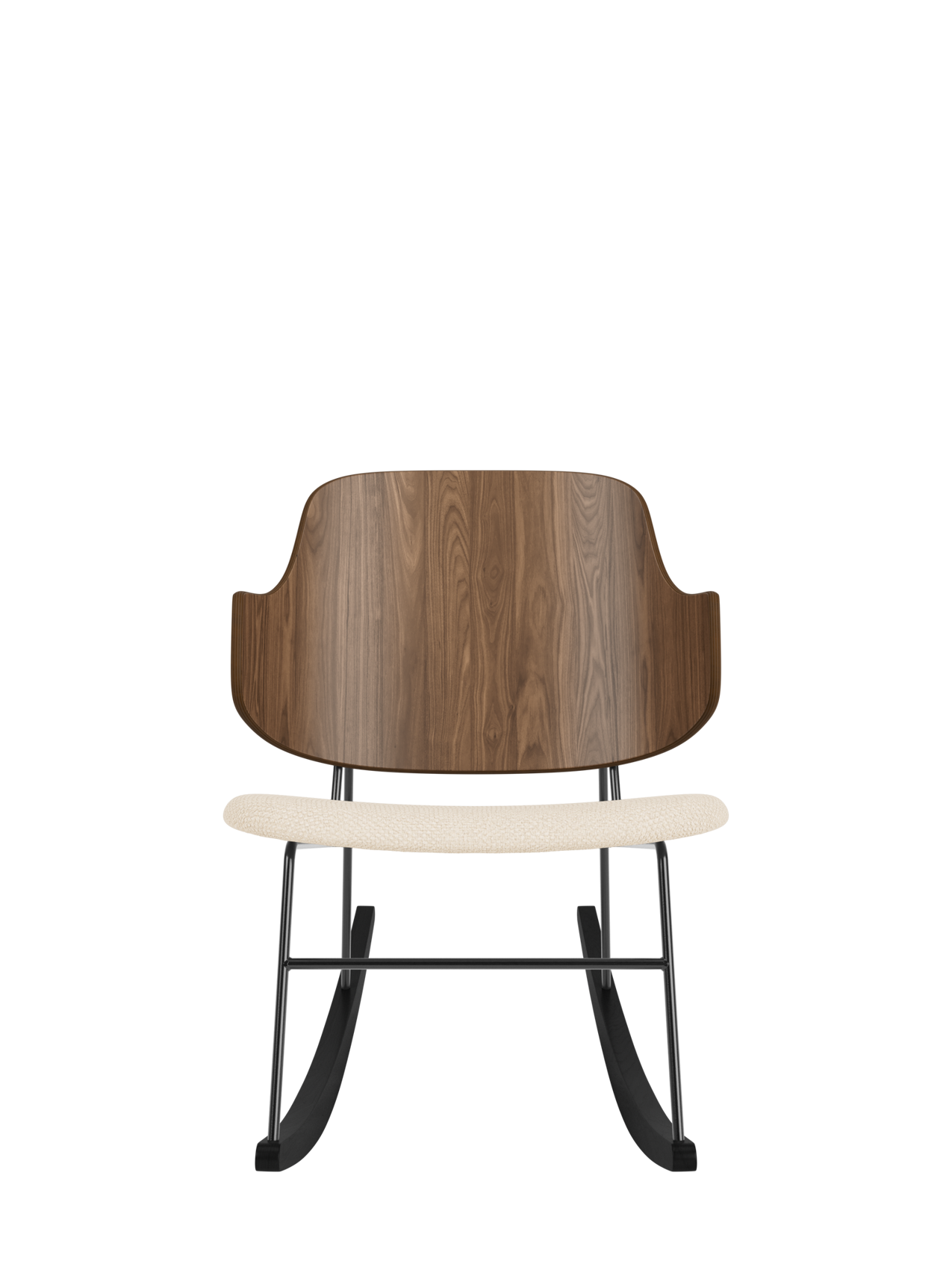 The Penguin Rocking Chair featuring a curved walnut back and Logan Jasmine upholstered seat on a black steel frame.