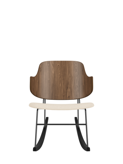 The Penguin Rocking Chair featuring a curved walnut back and Logan Jasmine upholstered seat on a black steel frame.