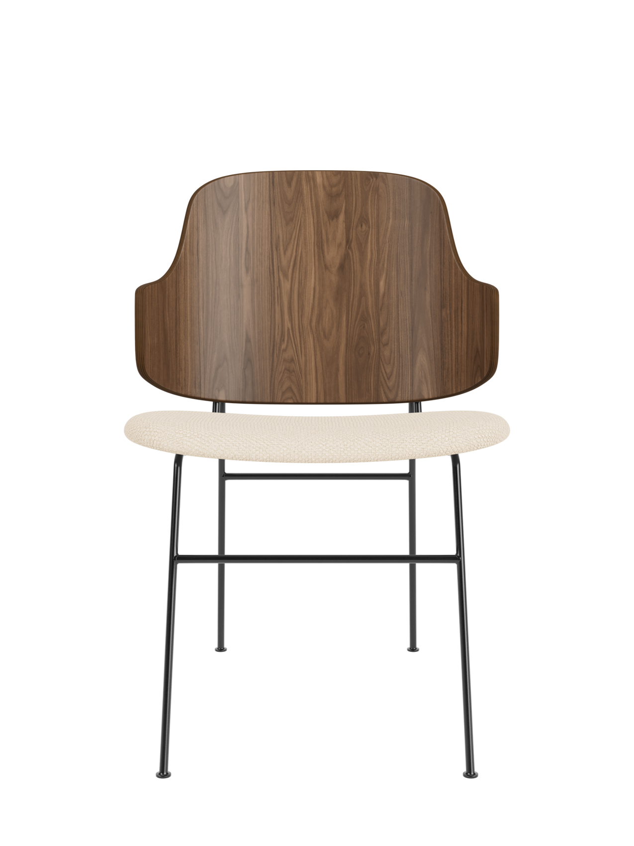 The Penguin Dining Chair with a walnut veneer back and cream Logan Jasmine upholstered seat on a black steel frame.