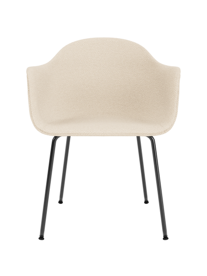 Harbour Dining Chair featuring textured Logan Jasmine fabric upholstery and a slim black steel base.