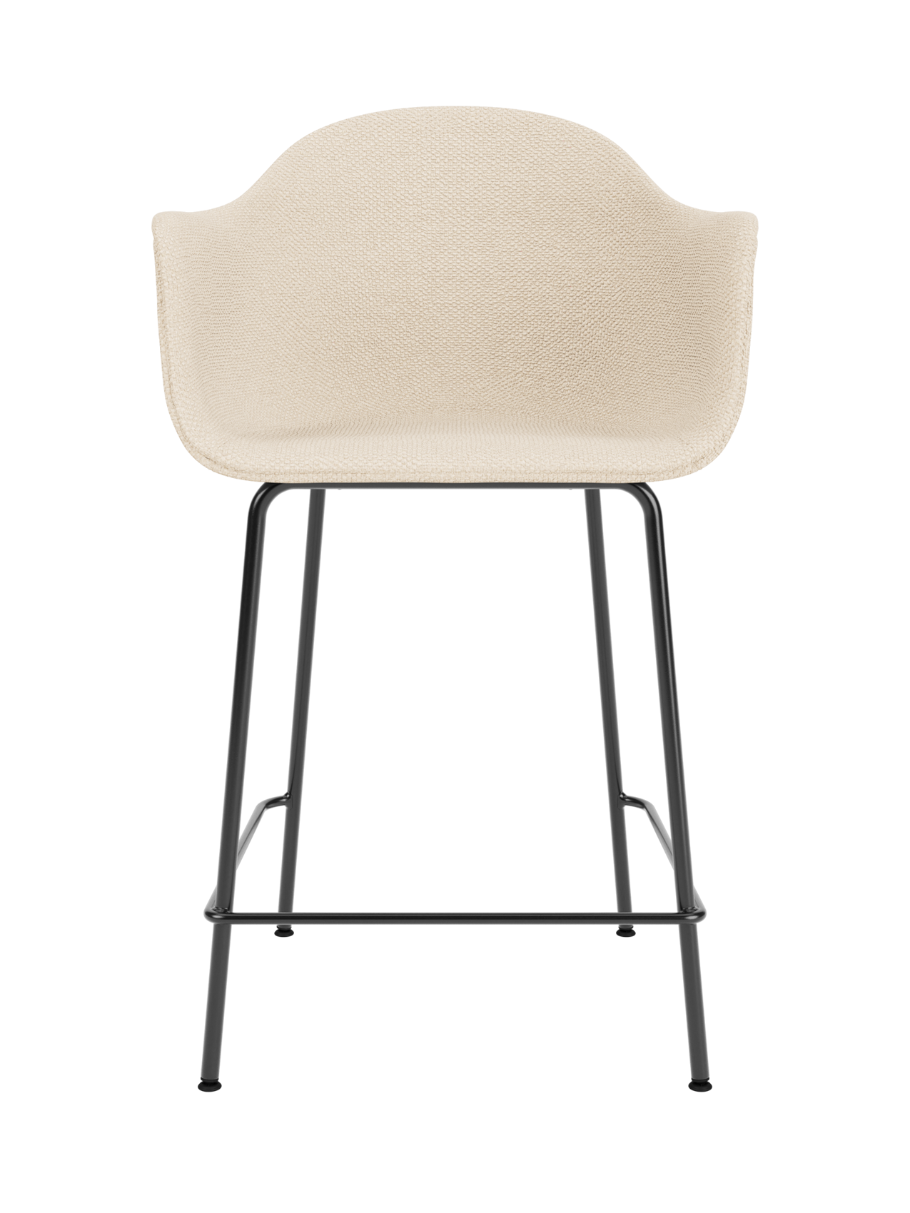 Harbour Counter Chair upholstered in Logan Jasmine fabric with a sculptural black powder-coated steel frame.