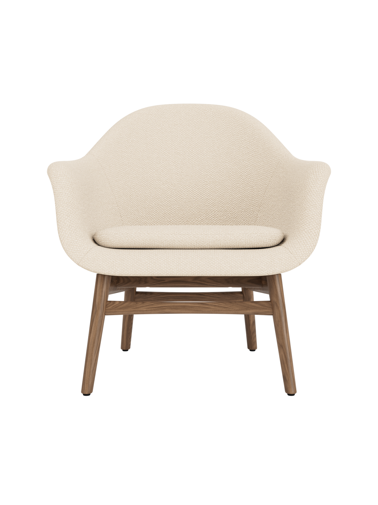 Harbour Lounge Chair in Logan Jasmine fabric with a solid walnut base, featuring a sculptural, curved shell.