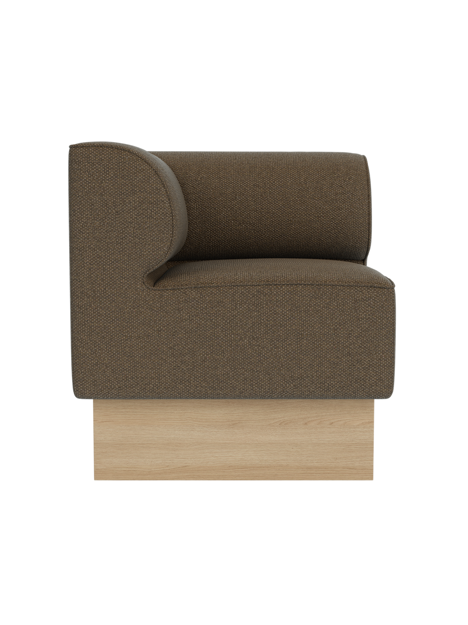 Eave Dining Sofa, Plateau in Logan Nutmeg upholstery with a natural oak base, shown from a side angle.