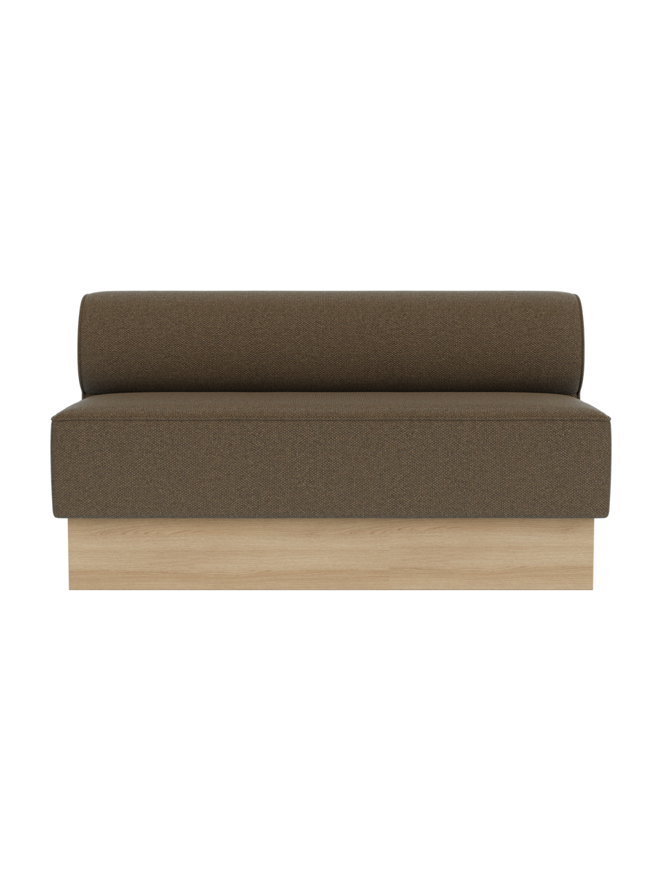 Eave Dining Sofa, Plateau upholstered in Logan Nutmeg with a natural oak base, shown from a front angle.