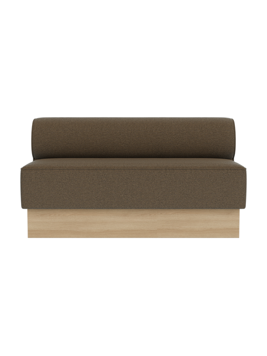 Eave Dining Sofa, Plateau upholstered in Logan Nutmeg with a natural oak base, shown from a front angle.
